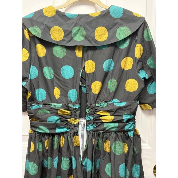 Zapaka 50s Style Dress, Fit and Flare, Gray, Blue and Green Polka Dots, Size L - Picture 6 of 9